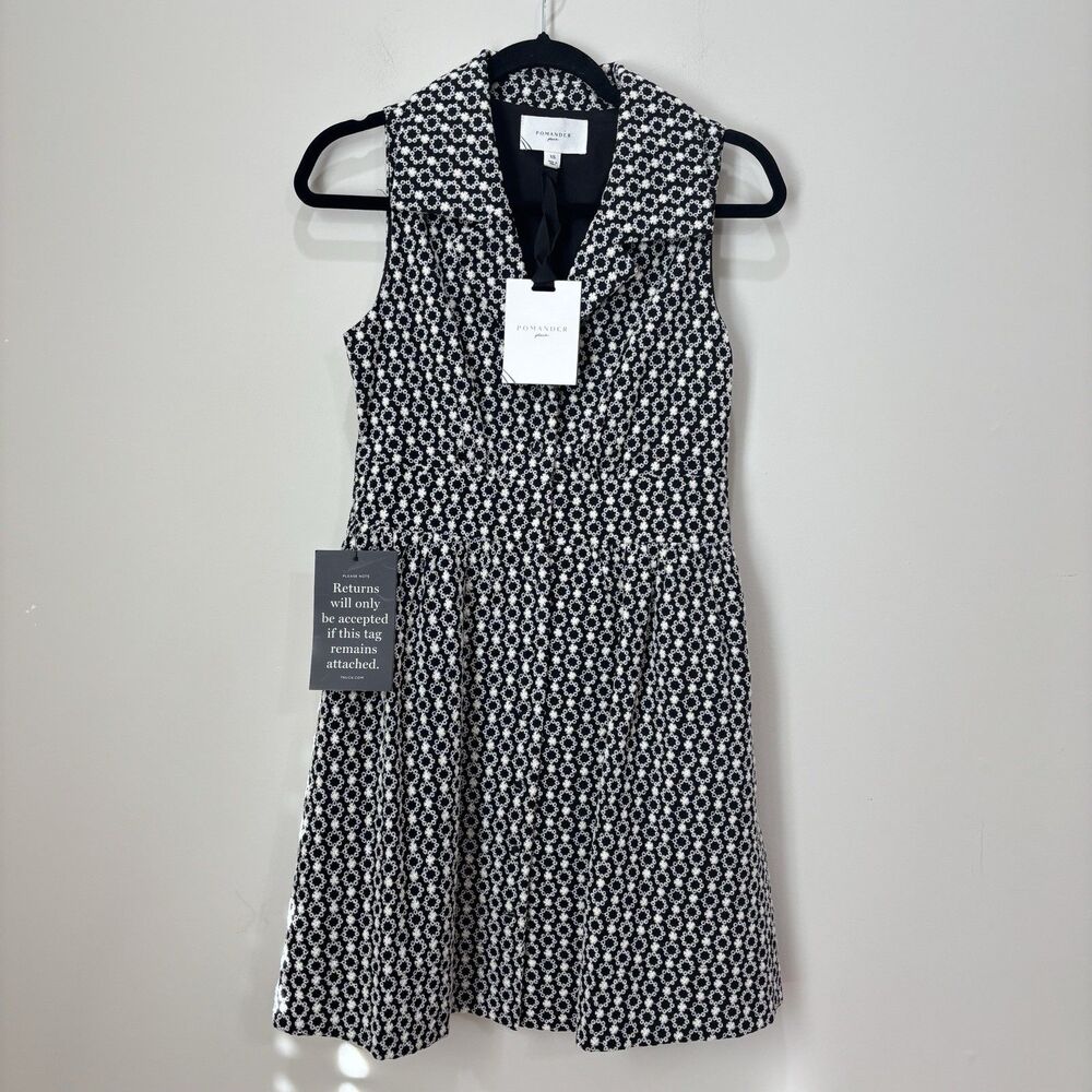 Pomander Place NWT Noelle Eyelet Embroidered Shirt Dress XS Black White Prep Mod